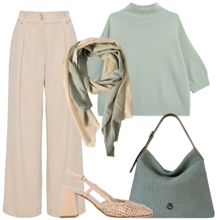 Outfit donna - Pomeriggio con l\'amica. Stile Basic per Tutti i giorni. Abbinamento con décolleté, pullovers, pantaloni a palazzo, foulard, borse a spalla.