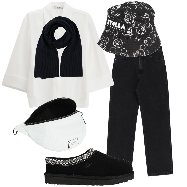 Outfit donna - Black and White. Stile Urban per Tutti i giorni. Abbinamento con stivaletti, marsupi, sciarpe, cappelli, jeans dritti, camicie.