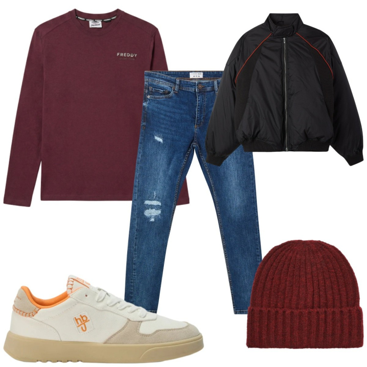 Outfit uomo - Total look #2471671. Stile Casual per Tutti i giorni. Abbinamento con sneakers, t-shirt, jeans strappati, bomber, berretti.