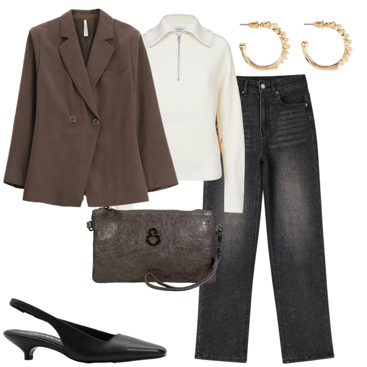 Outfit donna - City. Stile Casual chic per Tutti i giorni. Abbinamento con décolleté, orecchini, maglieria, jeans, blazer, pochette.