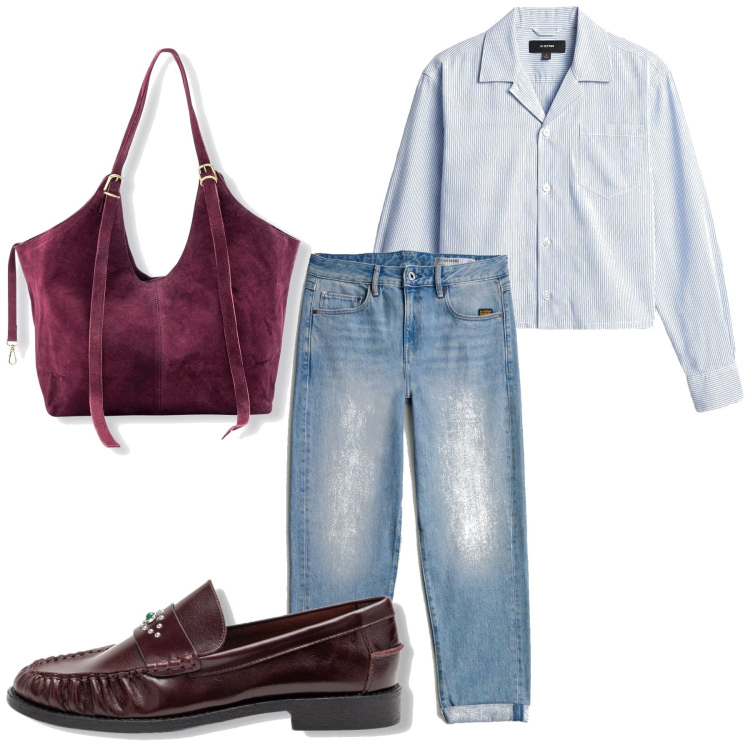 Outfit femme - Bleu et bordeaux. Style Urban pour Bureau. Assortir avec sacs tote, jean boyfriend, chemisiers, mocassins.