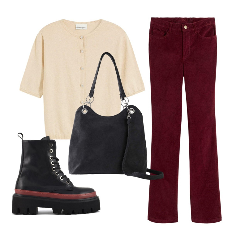 Outfit donna - Domani shopping con la Vale. Stile Basic per Tutti i giorni. Abbinamento con pantaloni, borse a mano, cardigans, anfibi.