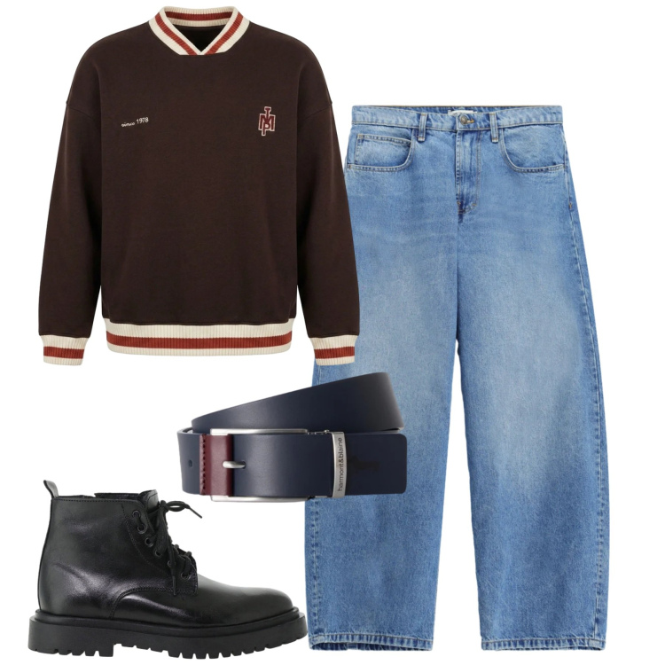 Outfit uomo - Fall. Stile Casual per Tutti i giorni. Abbinamento con cinture, jeans, felpe, anfibi.