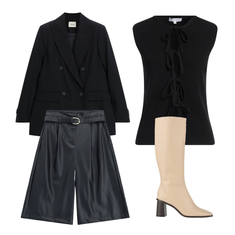 Outfit donna - Black office. Stile Basic per Ufficio. Abbinamento con stivali, cardigans, bermuda, blazer.