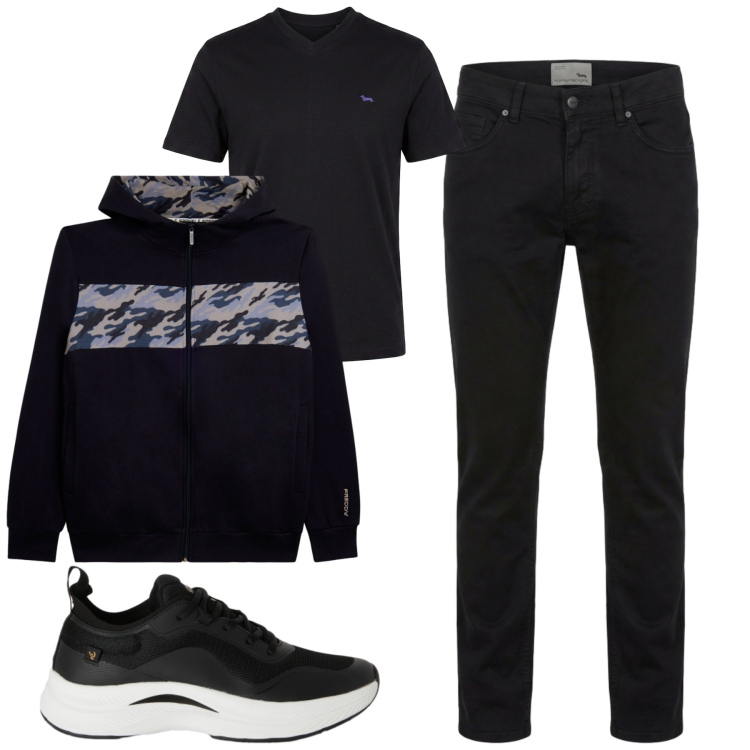 Outfit uomo - City. Stile Casual per Tutti i giorni. Abbinamento con pantaloni, t-shirt, sneakers, felpe con cappuccio.