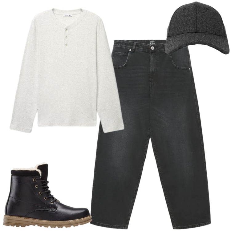 Outfit uomo - Fall. Stile Casual per Tutti i giorni. Abbinamento con stivali e stivaletti, jeans, t-shirt, cappelli con visiera.