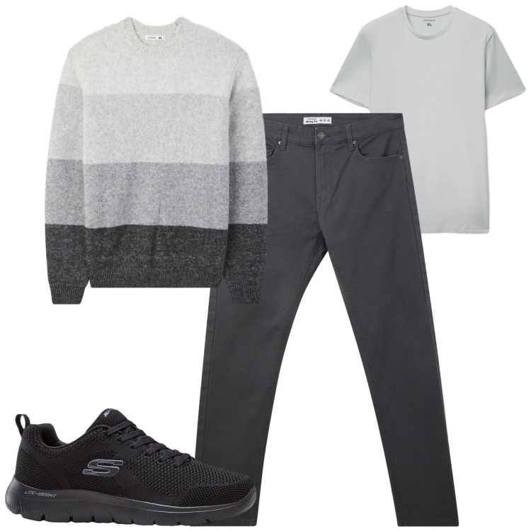 Outfit uomo - Autunno. Stile Casual per Tutti i giorni. Abbinamento con sneakers, pantaloni skinny, t-shirt, maglieria.