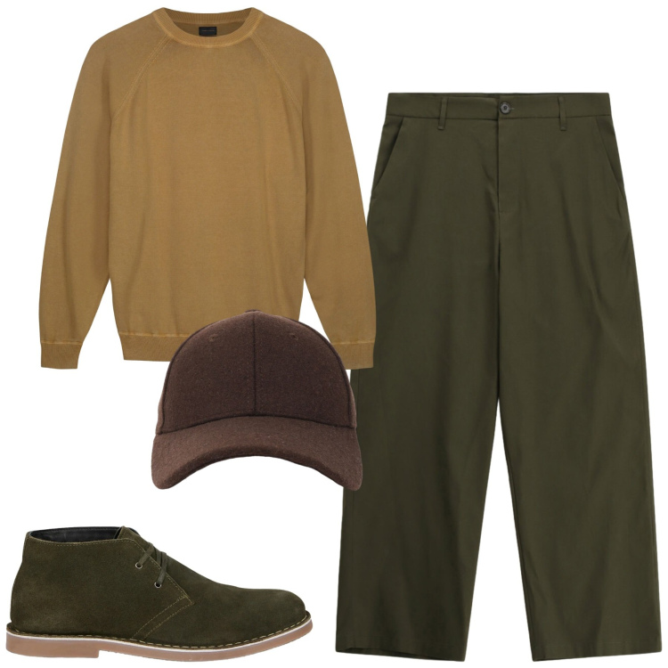 Outfit uomo - City. Stile Urban per Tutti i giorni. Abbinamento con pantaloni, maglieria, stivali e stivaletti, cappelli con visiera.