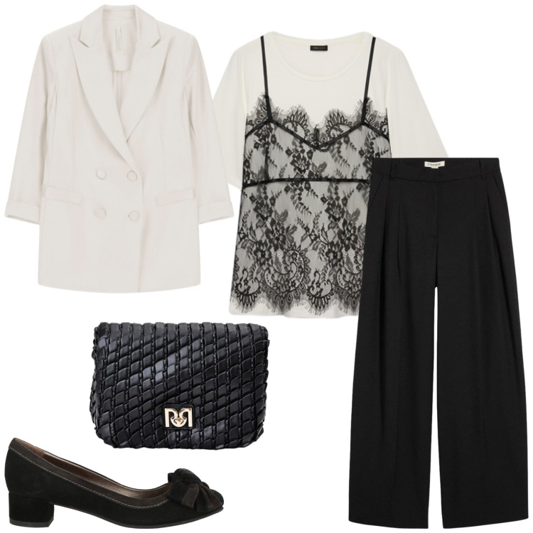 Outfit donna - Total look #2471692. Stile Chic per Ufficio. Abbinamento con décolleté, pantaloni, blazer, borse a tracolla, t-shirt.
