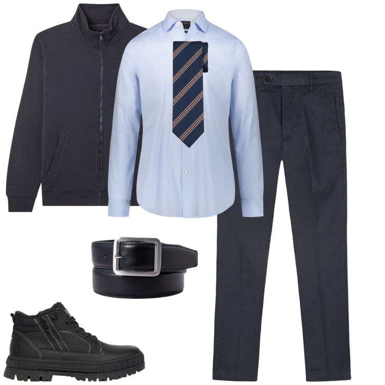 Outfit uomo - City. Stile Business/Elegante per Tutti i giorni. Abbinamento con camicie, pantaloni chino, cravatte, cinture, giacche, stivali e stivaletti.