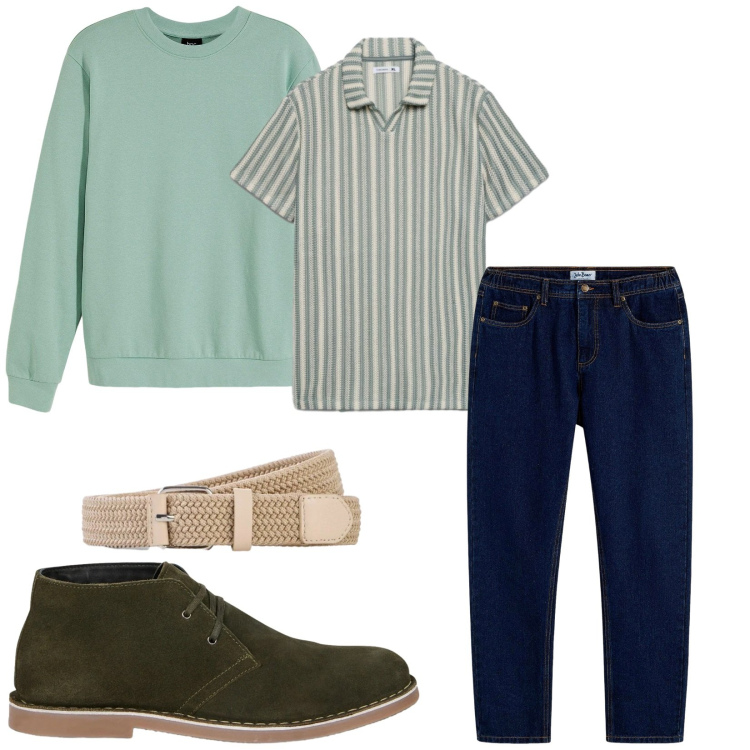Outfit uomo - Total look #2471700. Stile Trendy per Ufficio. Abbinamento con stivali e stivaletti, polo, jeans dritti, felpe, cinture.