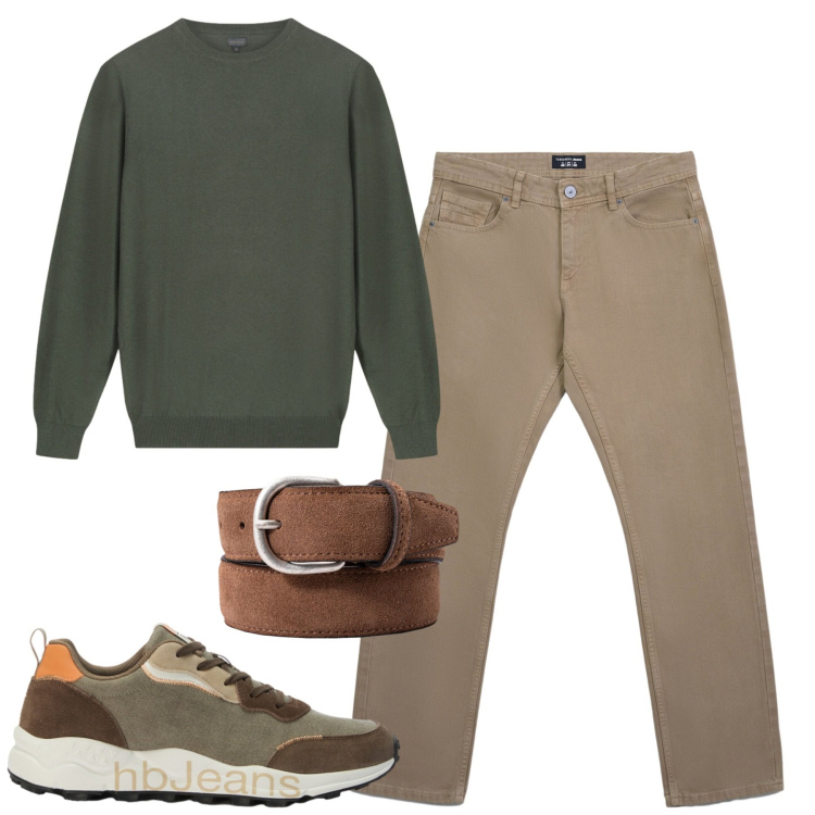 Outfit uomo - Fall. Stile Casual per Tutti i giorni. Abbinamento con sneakers, cinture, maglieria, jeans.