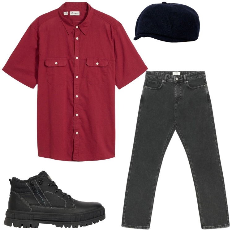 Outfit uomo - Total look #2471708. Stile Urban per Tutti i giorni. Abbinamento con cappelli con visiera, jeans dritti, camicie a manica corta, stivali e stivaletti.