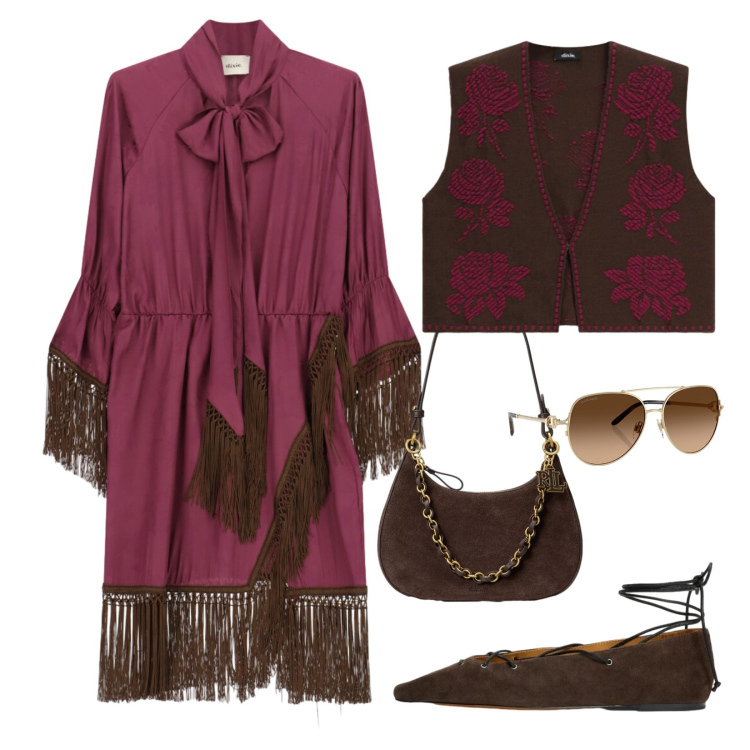 Outfit donna - In stile boho. Stile Boho per Serata fuori. Abbinamento con vestiti corti, gilet, occhiali da sole, borse a spalla, ballerine.