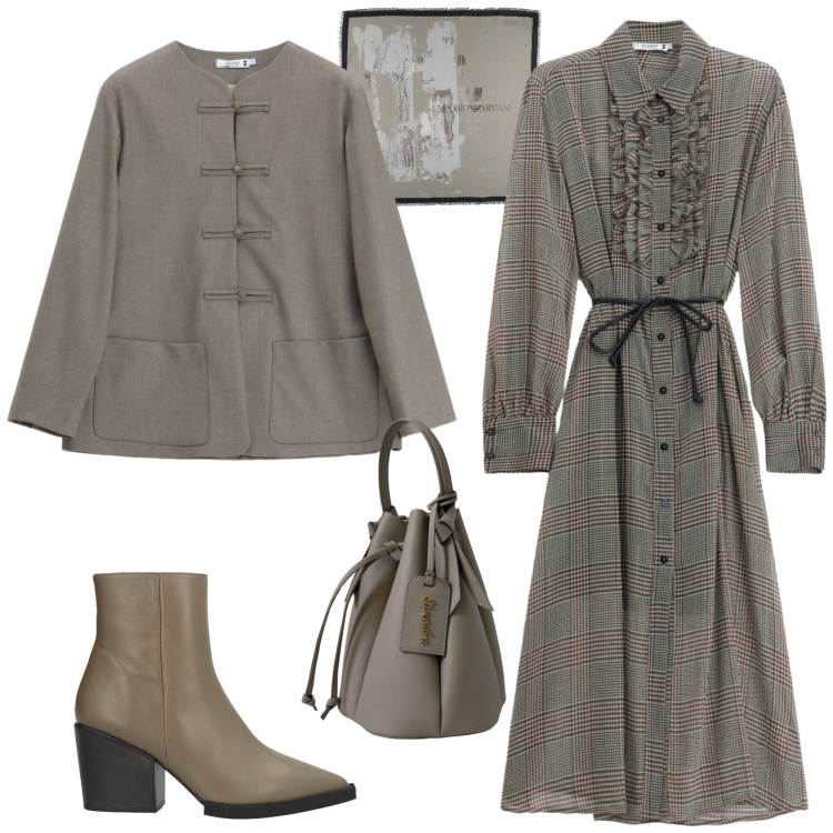 Outfit donna - Autunno ufficio tempo libero. Stile Vintage retrò per Tutti i giorni. Abbinamento con stivaletti, sciarpe, blazer, vestiti midi/longuette, borse a secchiello.
