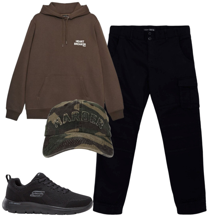 Outfit uomo - City. Stile Casual per Tutti i giorni. Abbinamento con sneakers, pantaloni cargo, cappelli con visiera, felpe con cappuccio.