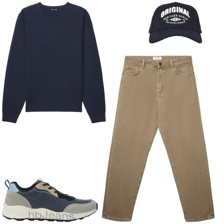 Outfit uomo - City. Stile Casual per Tutti i giorni. Abbinamento con sneakers, jeans, cappelli con visiera, maglieria.