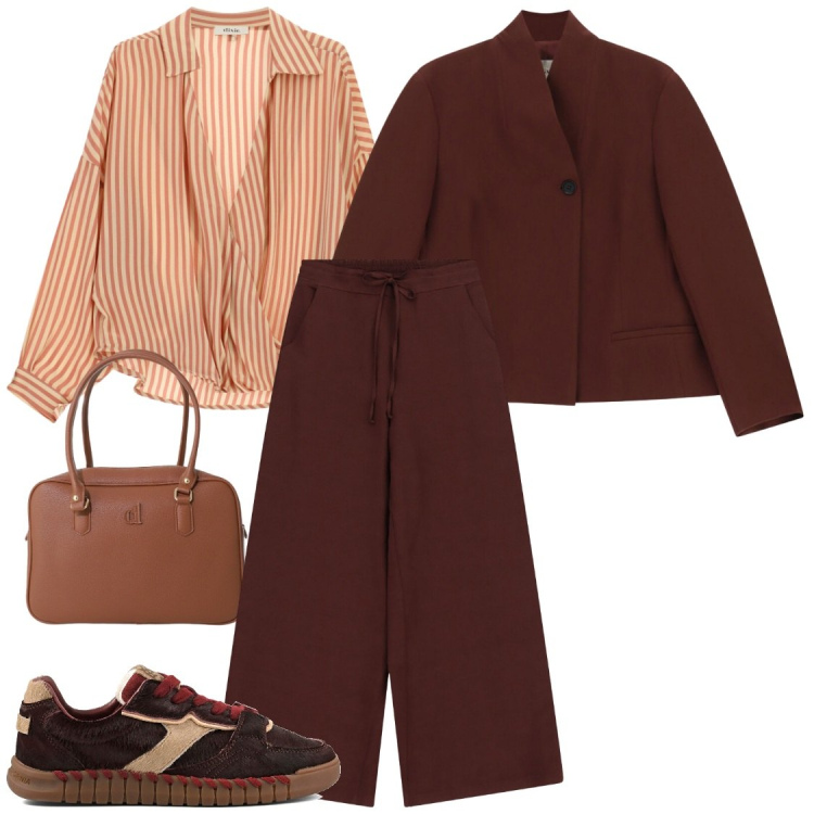 Outfit donna - In ufficio. Stile Chic per Ufficio. Abbinamento con borse a mano, camicie, pantaloni a palazzo, blazer, sneakers.