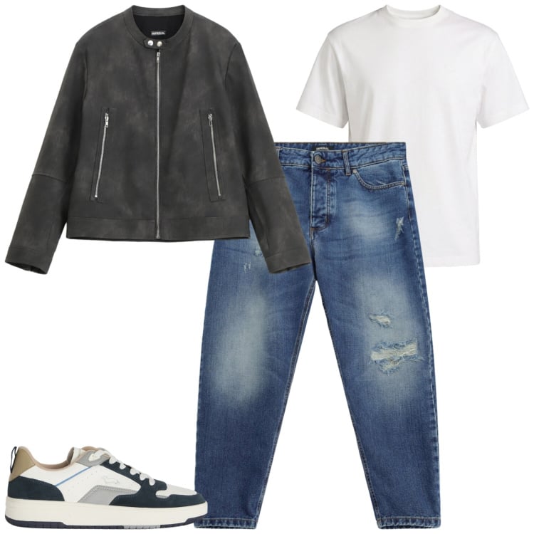 Outfit uomo - Serata. Stile Casual per Serata speciale. Abbinamento con t-shirt, sneakers, jeans strappati, giacche.
