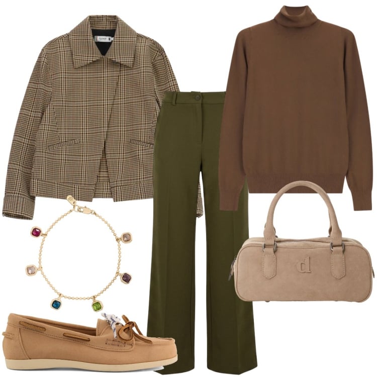 Outfit donna - Tartan & fall colors. Stile Basic per Tutti i giorni. Abbinamento con borse a mano, cappotti, pullovers, pantaloni a palazzo, braccialetti, mocassini.