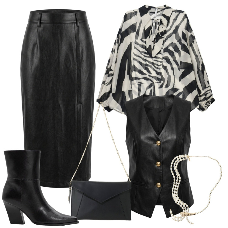 Outfit donna - Pelle che avvolge. Stile Rock per Serata fuori. Abbinamento con stivaletti, camicie, borse a tracolla, collane, gonne longuette, gilet.