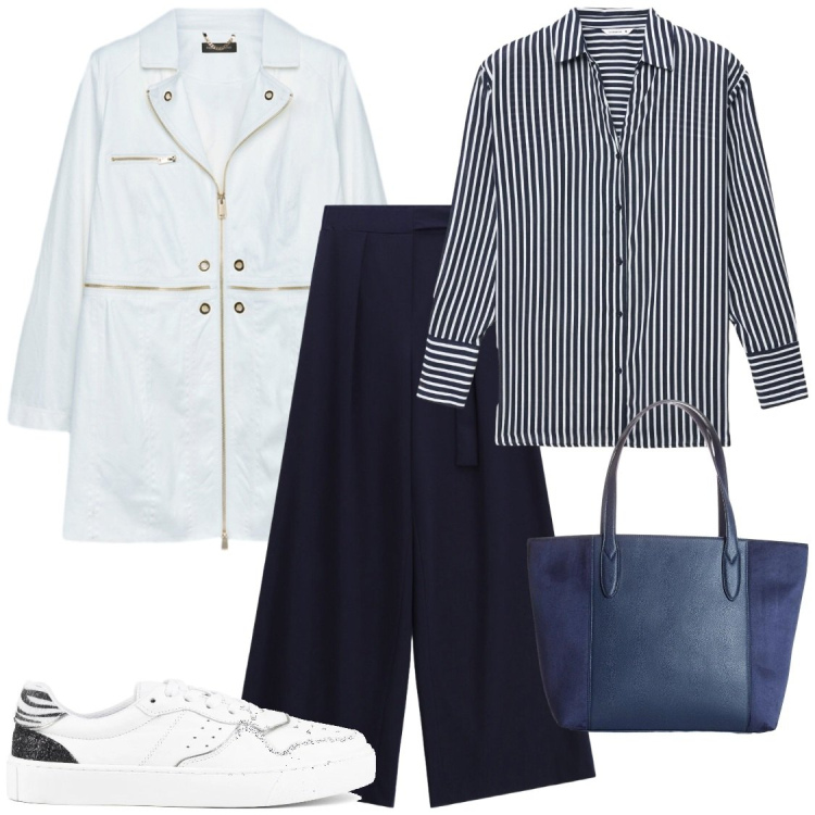 Outfit donna - Stagioni intermedie. Stile Chic per Ufficio. Abbinamento con shopping bag, pantaloni a palazzo, camicie, cappotti, sneakers.