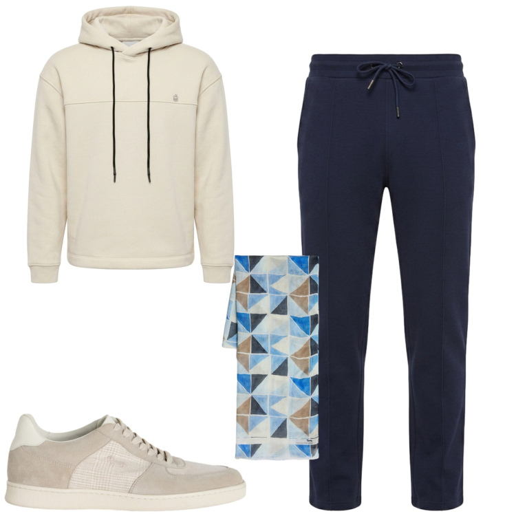 Outfit uomo - Sporty. Stile Casual per Tutti i giorni. Abbinamento con sciarpe, sneakers, pantaloni, felpe con cappuccio.