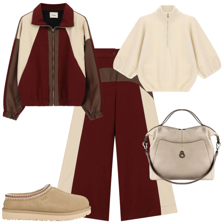 Outfit donna - Autunno ufficio tempo libero. Stile Sporty chic per Tutti i giorni. Abbinamento con stivaletti, maglieria, pantaloni a palazzo, bomber, borse a mano.