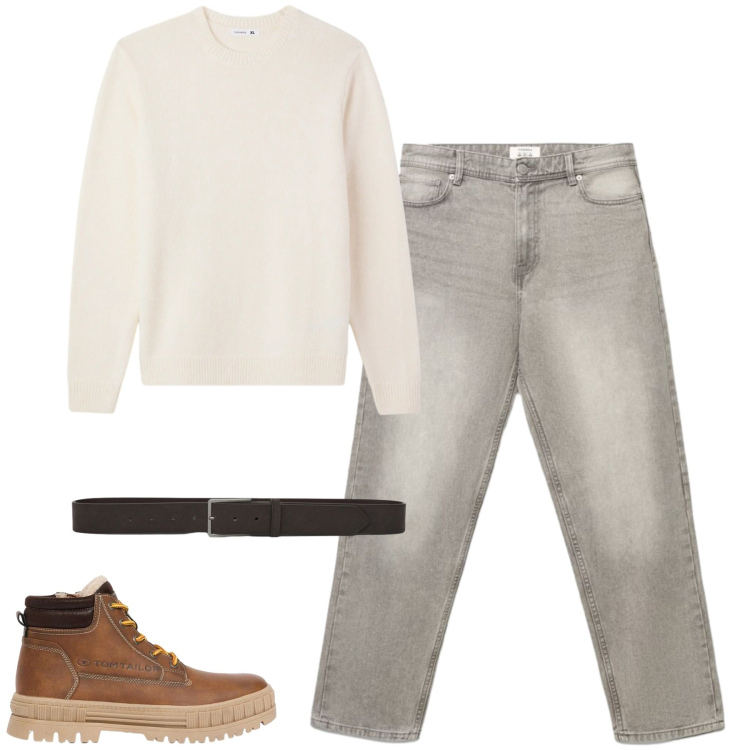 Outfit uomo - City. Stile Casual per Tutti i giorni. Abbinamento con stivali e stivaletti, pullovers, cinture, jeans.