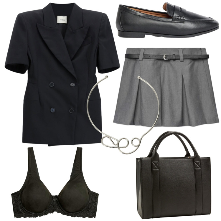 Outfit donna - Preppy girl in ufficio. Stile Preppy per Ufficio. Abbinamento con mocassini, reggiseni, blazer, collane, borse tote, minigonne.