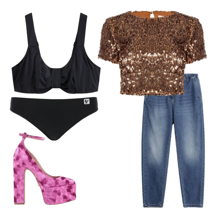 Outfit donna - Settembre. Stile Trendy per Serata fuori. Abbinamento con décolleté, reggiseni, top, jeans, culotte.