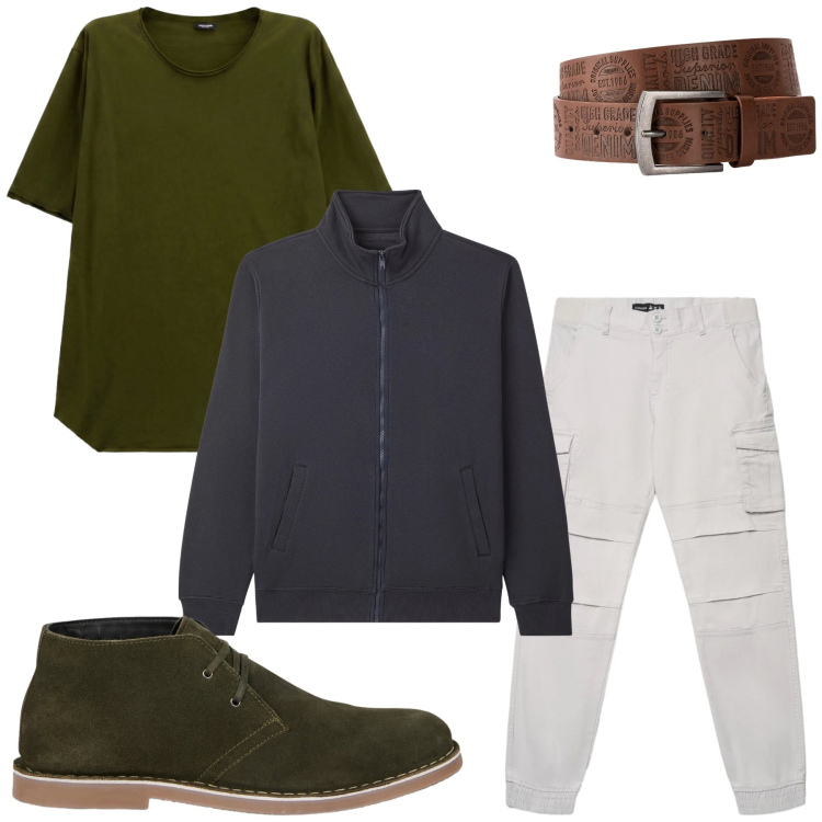 Outfit uomo - Raul. Stile Casual per Tutti i giorni. Abbinamento con t-shirt, stivali e stivaletti, pantaloni cargo, giacche, cinture.