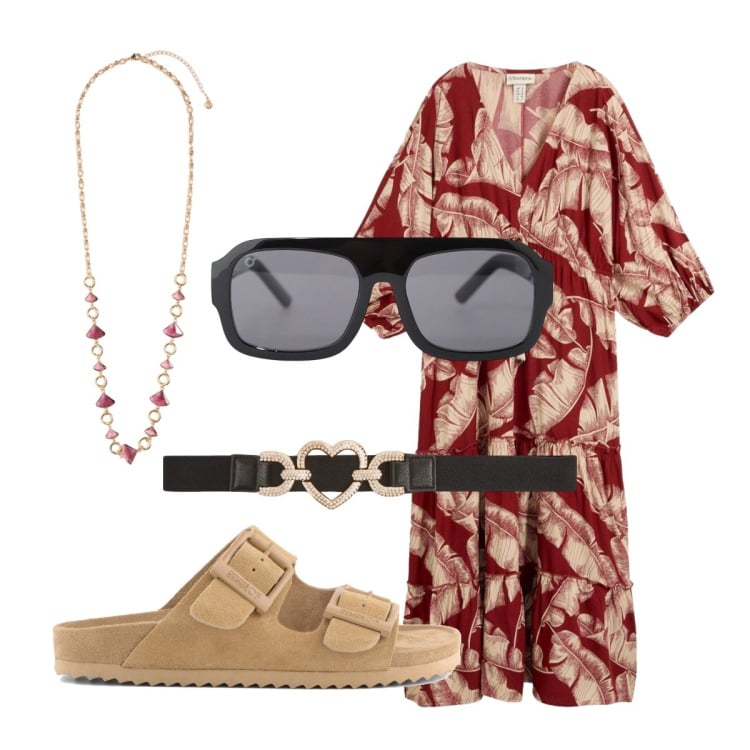Outfit donna - Dettagli raffinati. Stile Etnico per Mare. Abbinamento con caftani, occhiali da sole, cinture, collane, sandali in pelle.