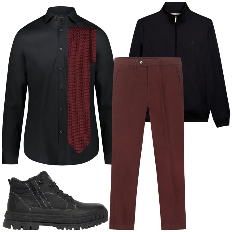 Outfit uomo - Mauro. Stile Casual per Ufficio. Abbinamento con stivali e stivaletti, camicie, pantaloni chino, cravatte, bomber.