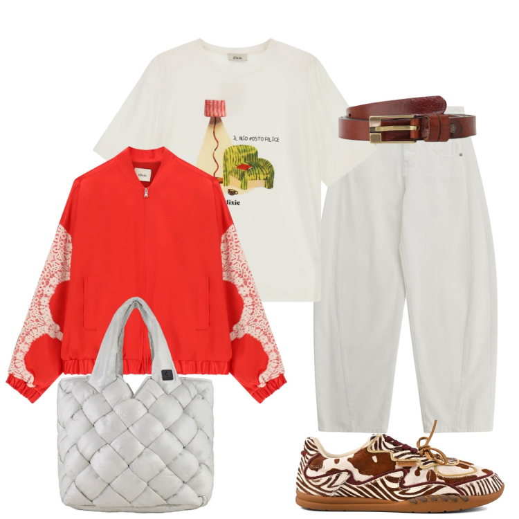 Outfit donna - Casual chic in rosso bianco e pizzo. Stile Casual chic per Serata fuori. Abbinamento con jeans, bomber, cinture, t-shirt, borse tote, sneakers.
