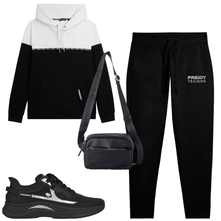 Outfit uomo - Freddy. Stile Casual per Tutti i giorni. Abbinamento con borse sportive, felpe con cappuccio, pantaloni, sneakers.