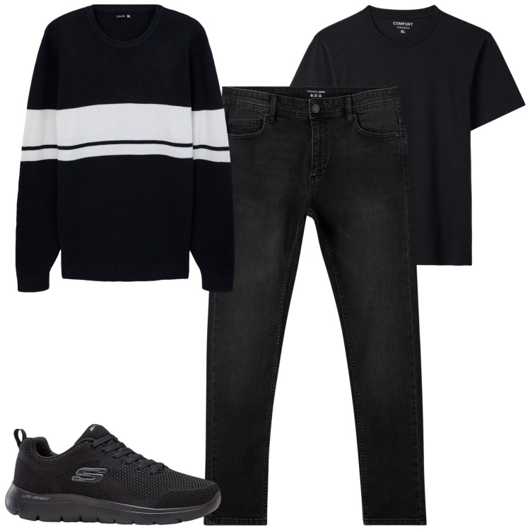 Outfit uomo - City. Stile Casual per Tutti i giorni. Abbinamento con sneakers, jeans skinny, maglieria, t-shirt.