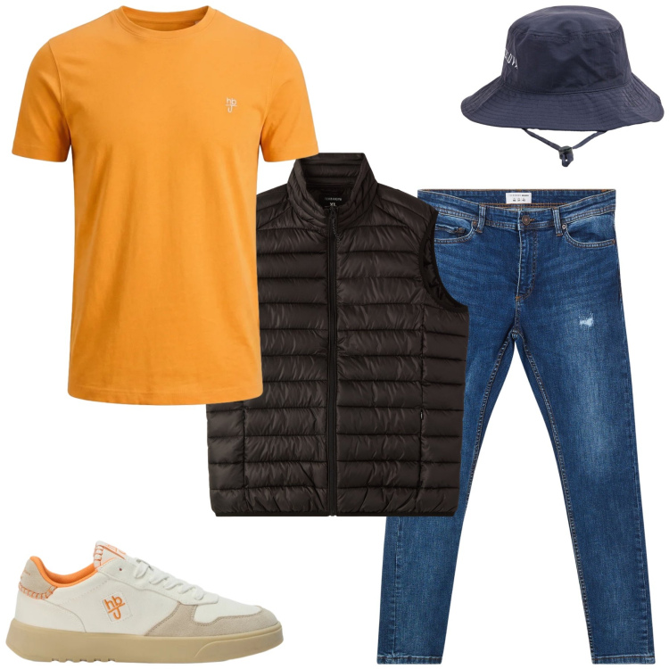 Outfit uomo - Max. Stile Casual per Tutti i giorni. Abbinamento con sneakers, t-shirt, jeans strappati, piumini, cappelli.