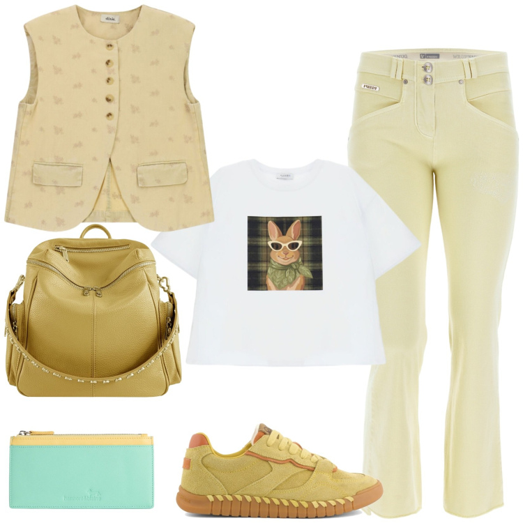 Outfit donna - Total look #2471768. Stile Casual per Tutti i giorni. Abbinamento con portafogli, gilet, t-shirt, pantaloni, zaini, sneakers.