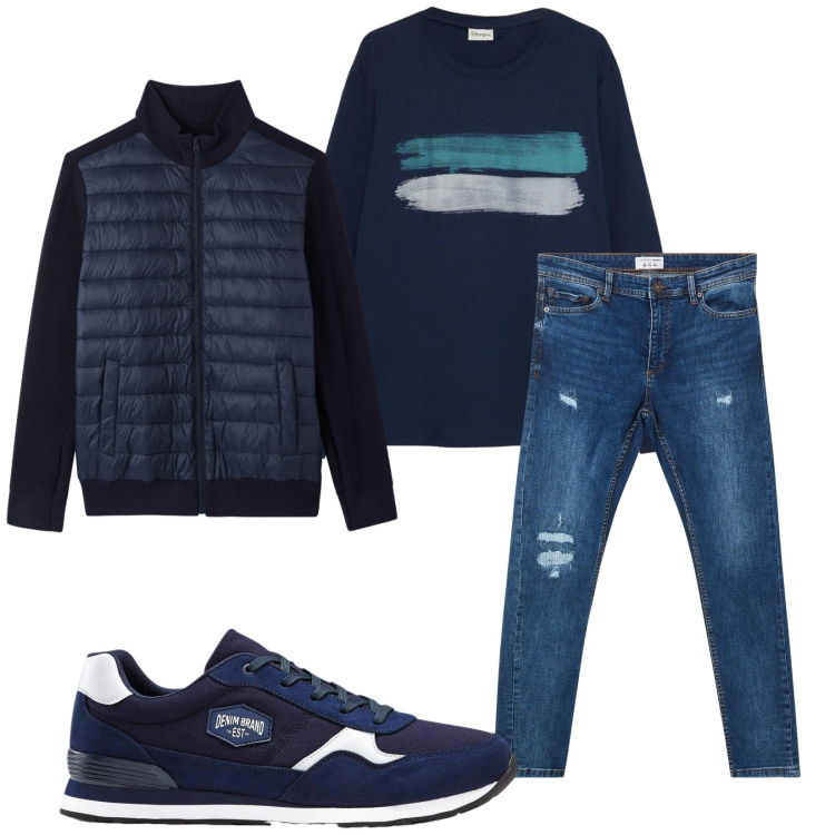 Outfit uomo - Total look #2471787. Stile Trendy per Tutti i giorni. Abbinamento con sneakers, t-shirt, jeans strappati, giacche.
