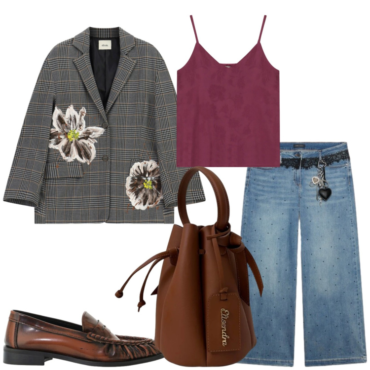 Outfit donna - Total look #2471793. Stile Trendy per Serata fuori. Abbinamento con mocassini, blazer, top, jeans, borse a secchiello.