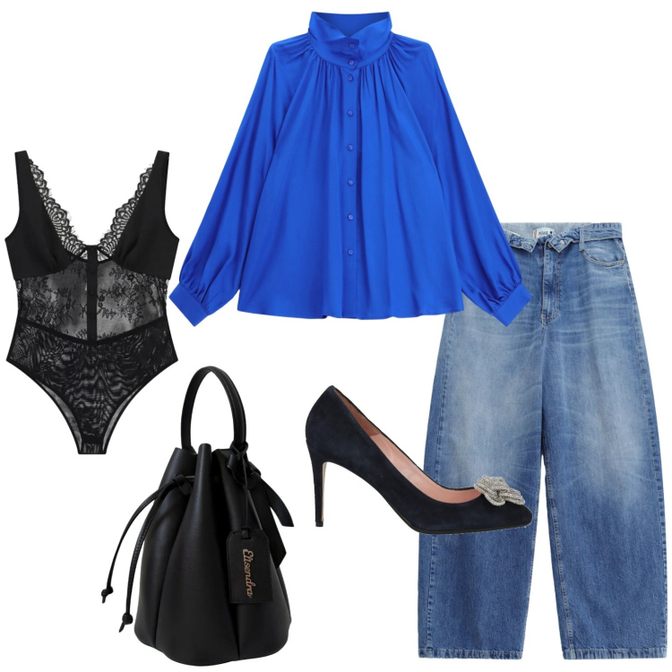 Outfit donna - La blusa d\'effetto. Stile Glamour per Serata fuori. Abbinamento con décolleté, camicie, body, jeans, borse a secchiello.