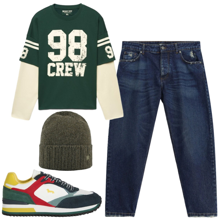 Outfit uomo - City. Stile Casual per Tutti i giorni. Abbinamento con sneakers, jeans, cappelli, felpe.
