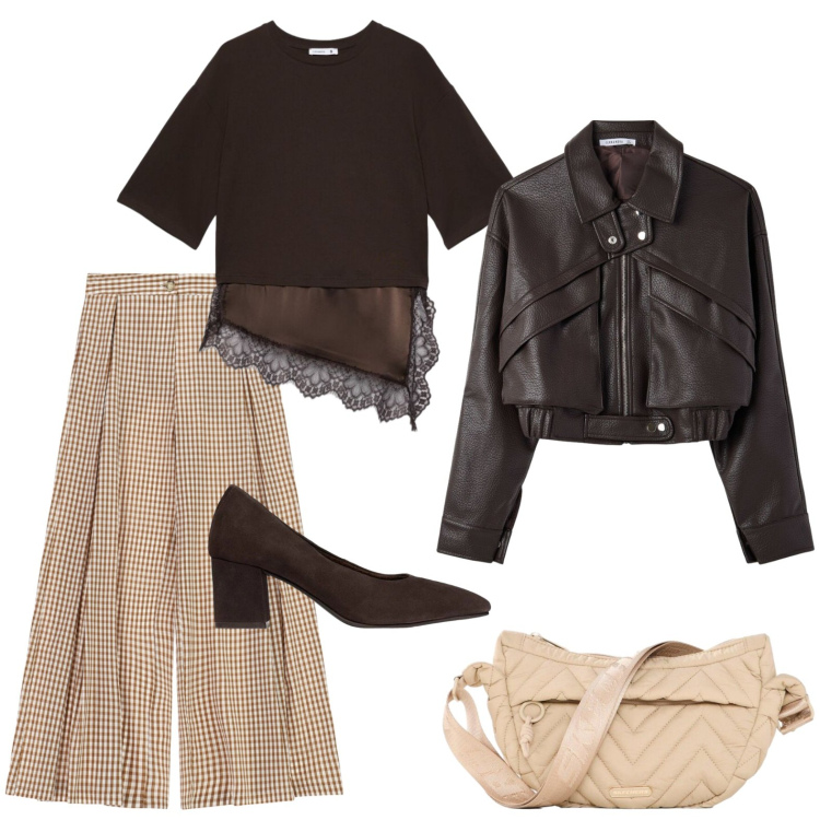 Outfit donna - La tshirt con il pizzo. Stile Bon Ton per Ufficio. Abbinamento con décolleté, marsupi, pantaloni a palazzo, bomber, t-shirt.