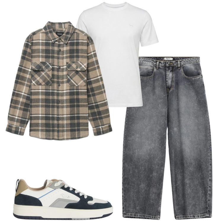 Outfit uomo - Fall. Stile Casual per Tutti i giorni. Abbinamento con t-shirt, sneakers, jeans, camicie.