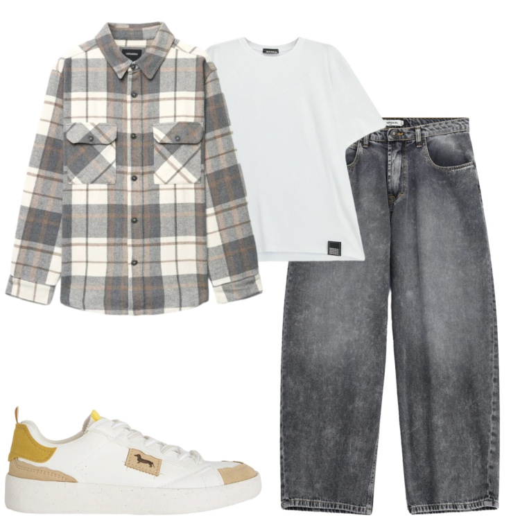 Outfit uomo - Fall. Stile Casual per Tutti i giorni. Abbinamento con sneakers, jeans, t-shirt, camicie.