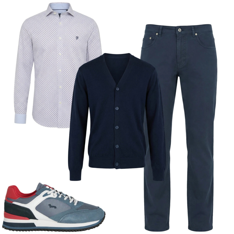 Outfit uomo - City. Stile Urban per Tutti i giorni. Abbinamento con pantaloni, camicie, cardigans, sneakers.