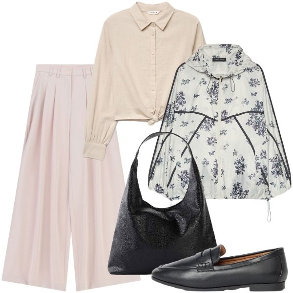Outfit donna - La giacca antivento in città. Stile Casual chic per Ufficio. Abbinamento con shopping bag, mocassini, camicie, pantaloni a palazzo, blazer.