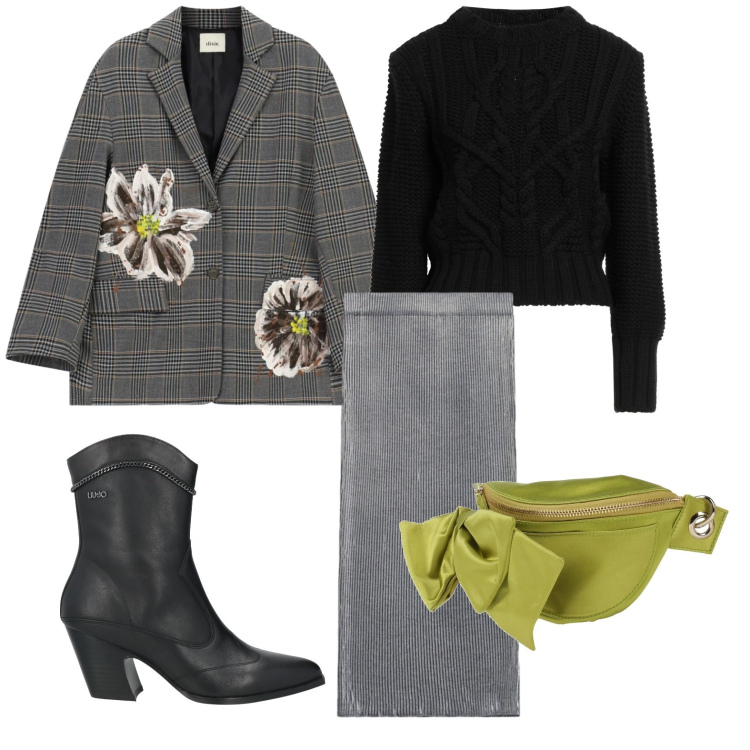 Outfit donna - Blazer con fiori. Stile Glamour per Tutti i giorni. Abbinamento con marsupi, pullovers, stivaletti, gonne longuette, blazer.