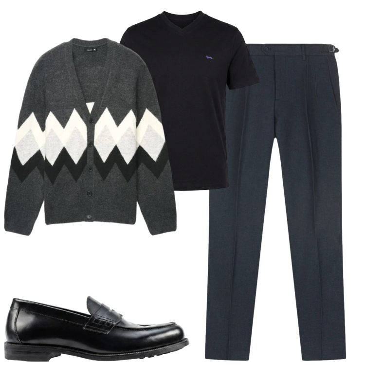 Outfit uomo - Fall. Stile Urban per Tutti i giorni. Abbinamento con t-shirt, scarpe stringate, jeans, cardigans.